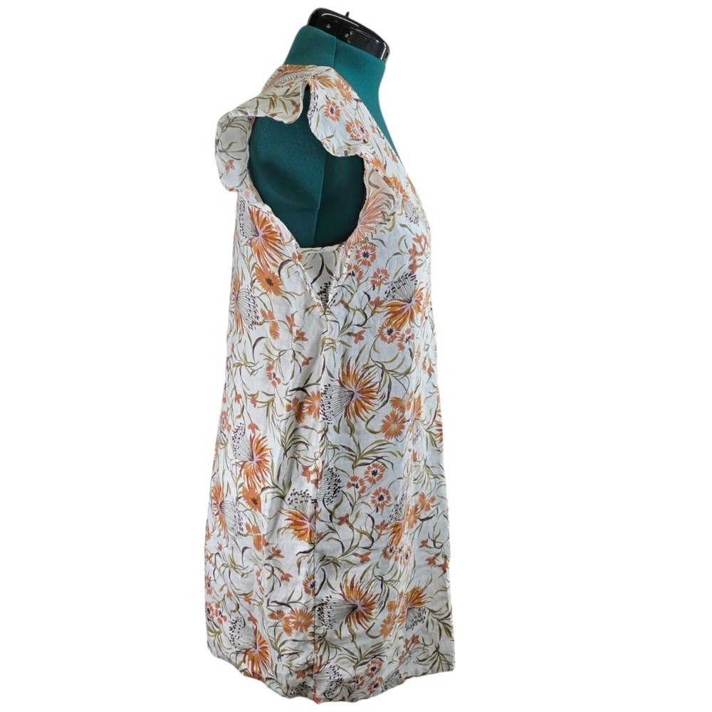Joie Dress Women L White Orange 100% Linen Floral Ruffle Sleeve Boho Shift Tunic - Picture 3 of 9